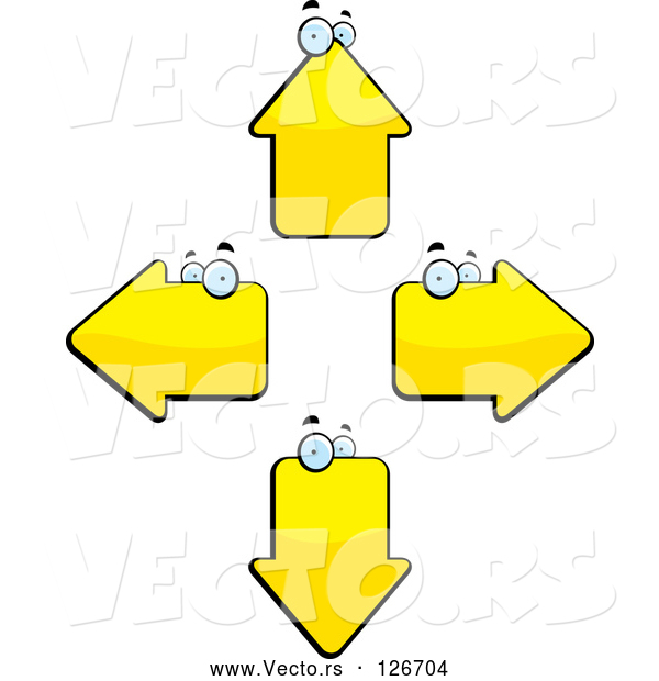 Vector of Cartoon Four Yellow Arrow Heads Facing Different Directions