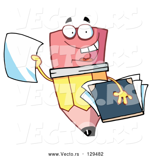 Vector of Cartoon Friendly Pencil Holding a Blank Piece of Paper and a Notebook