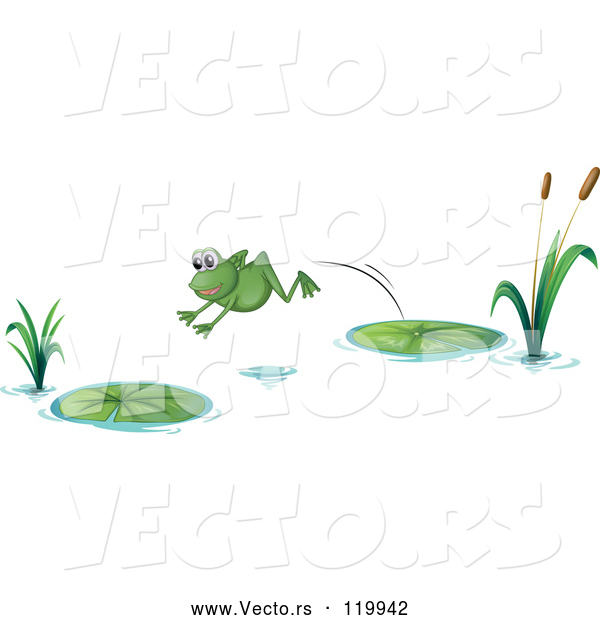 Vector of Cartoon Frog Leaping from One Lily Pad to Another