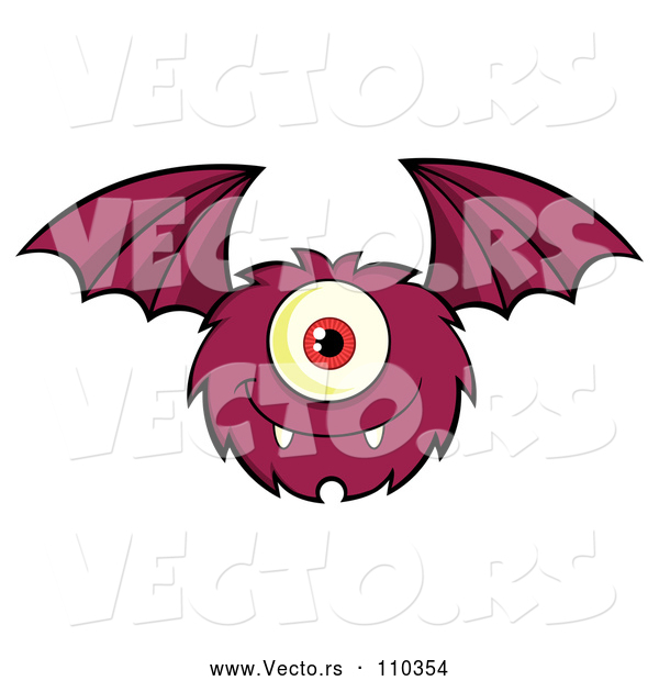 Vector of Cartoon Furry Bat Winged Purple Cyclops Monster Flying