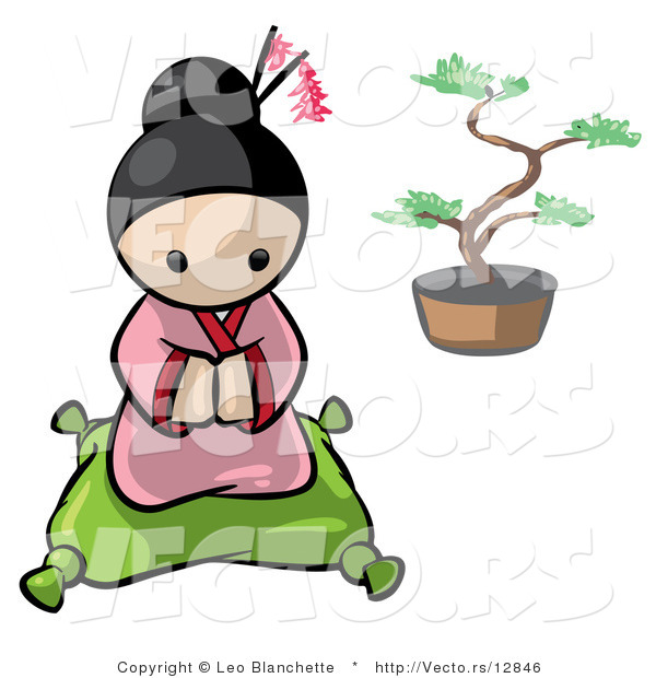 Vector of Cartoon Geisha Girl Kneeled on a Pillow with Bonsai Tree in Background