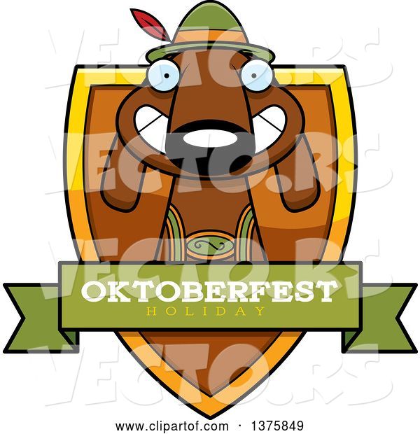 Vector of Cartoon German Oktoberfest Dachshund Dog Wearing Lederhosen Shield