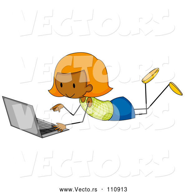 Vector of Cartoon Ginger Haired Black Stick Girl Using a Laptop on the Floor