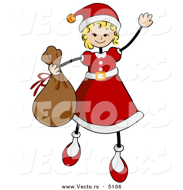 Vector of Cartoon Girl in a Santa Suit While Carrying a Sack of Gifts and Waving