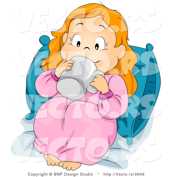 Vector of Cartoon Girl Sipping Beverage in Bed
