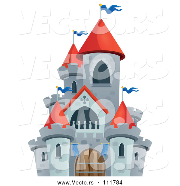 Vector of Cartoon Gray Stone Castle with Red Turrets