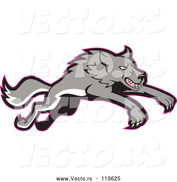 Vector of Cartoon Gray Wolf Leaping, with a Red Outline