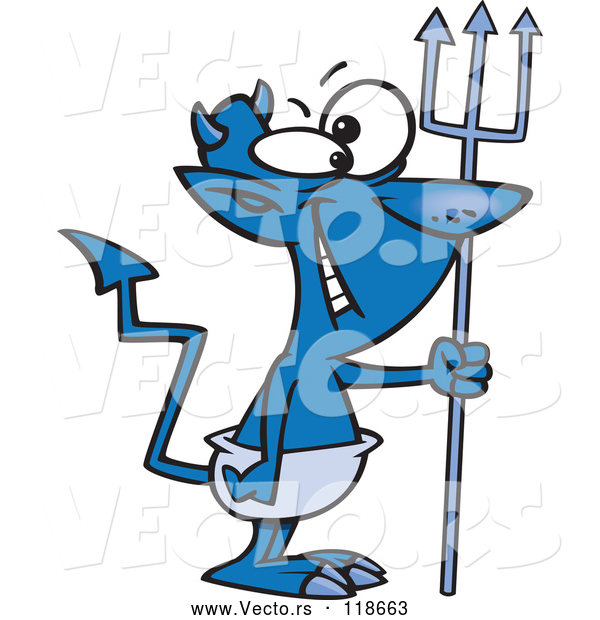 Vector of Cartoon Grinning Blue Devil with a Crooked Tail