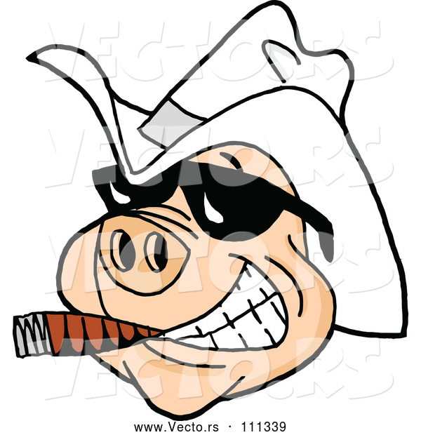 Vector of Cartoon Grinning Pig Wearing Sunglasses and a White Cowboy Hat, Smoking a Cigar