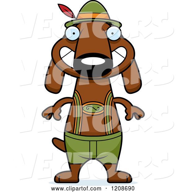 Vector of Cartoon Grinning Skinny German Oktoberfest Dachshund Dog Wearing Lederhosen