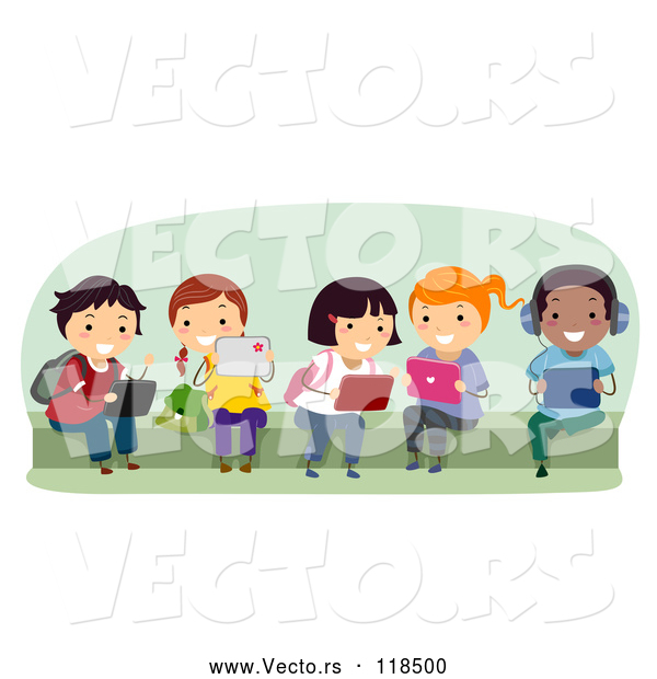 Vector of Cartoon Group of Happy Diverse School KChildren Using Tablet Computers on a Bench