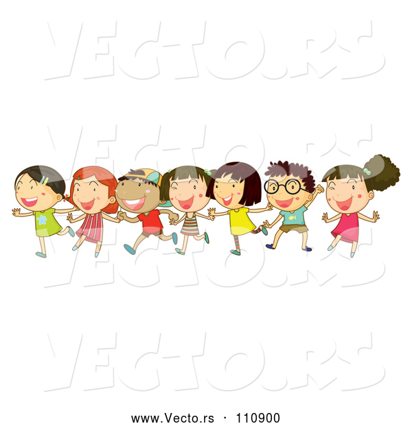 Vector of Cartoon Group of Happy KChildren Dancing and Running Together