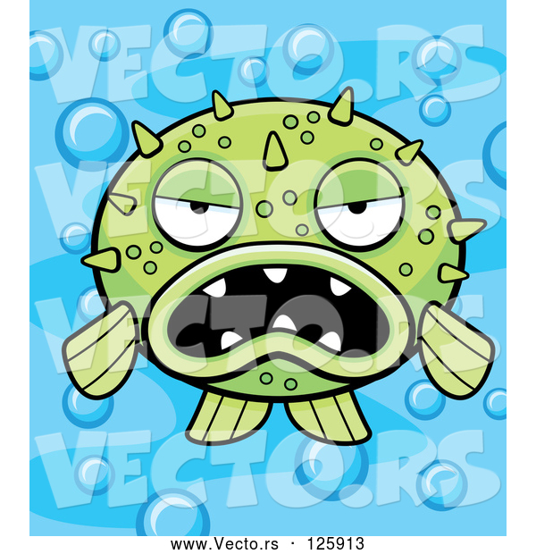 Vector of Cartoon Grumpy Green Blowfish on a Bubbly Blue Background