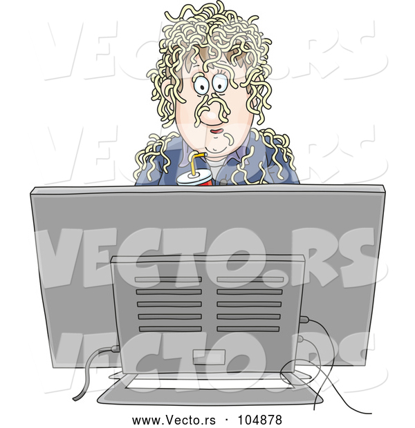 Vector of Cartoon Guy Holding a Soda and Watching Fake News with Noodles on His Head
