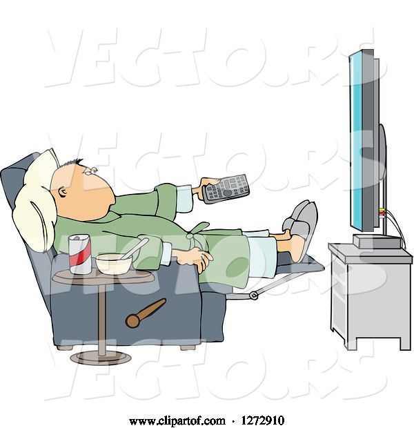 Vector of Cartoon Guy in Chair with Food at His Side and Pointing a Remote at a Flat Screen TV