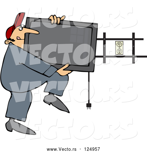Vector of Cartoon Guy Installing a Flat Screen Tv on a Wall Mount