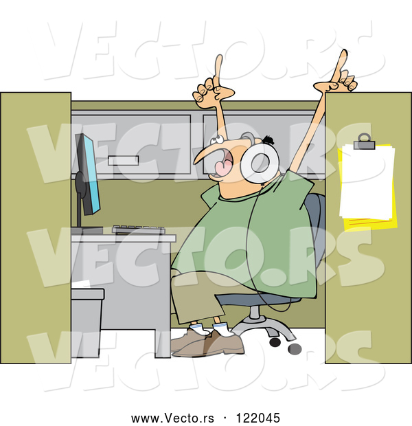 Vector of Cartoon Guy Singing and Listening to Music in His Office Cubicle