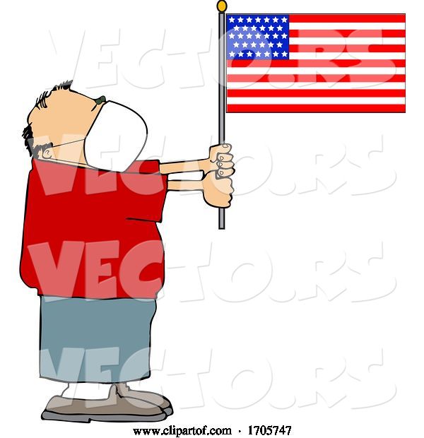 Vector of Cartoon Guy Wearing a Face Mask and Holding an American Flag