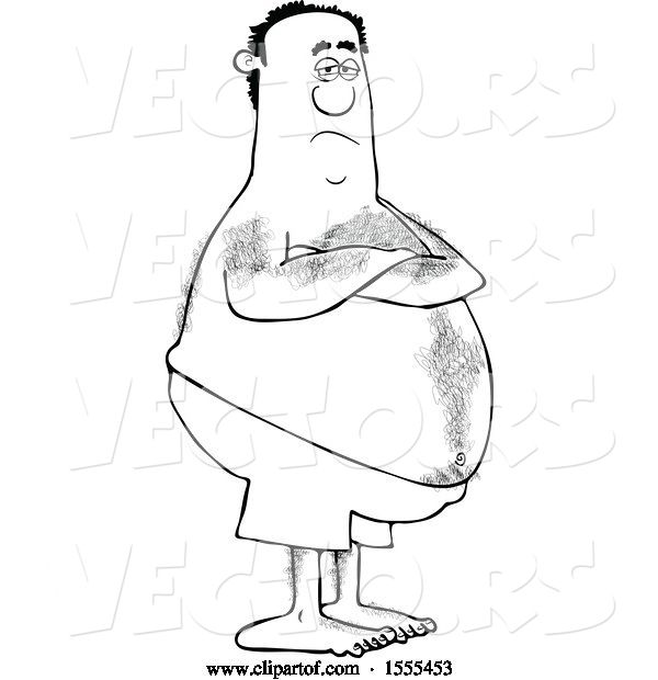 Vector of Cartoon Hairy Lineart Chubby Black Guy with Folded Arms, Standing in Swim Trunks