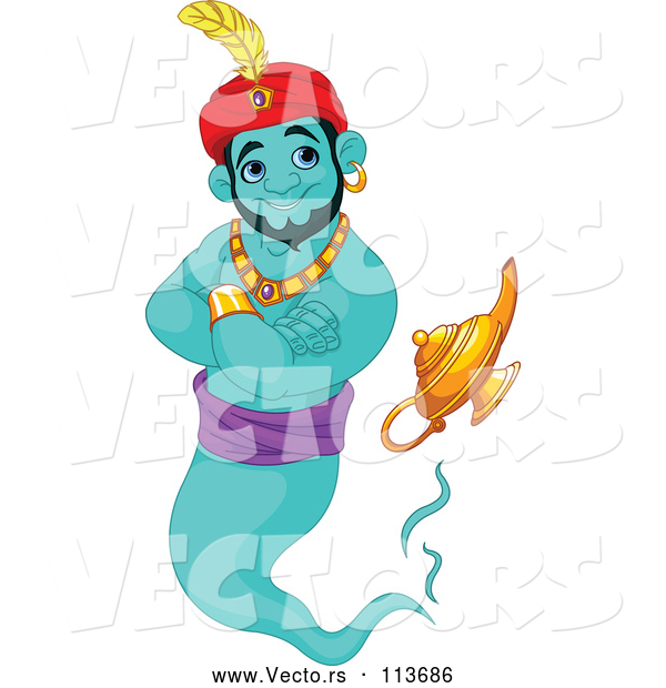 Vector of Cartoon Handsome Turquoise Male Jinn Genie Emerging from His Lamp and Smiling