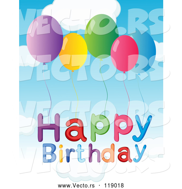 Vector of Cartoon Happy Birthday Text with Balloons Against Sky