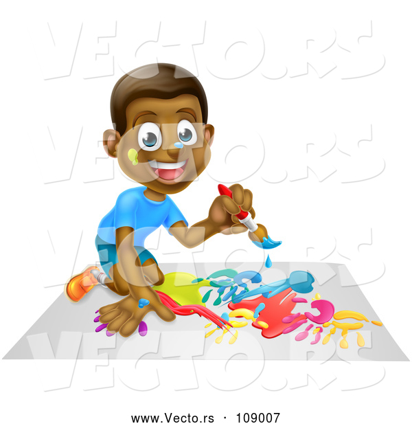 Vector of Cartoon Happy Black Boy Kneeling and Painting Artwork