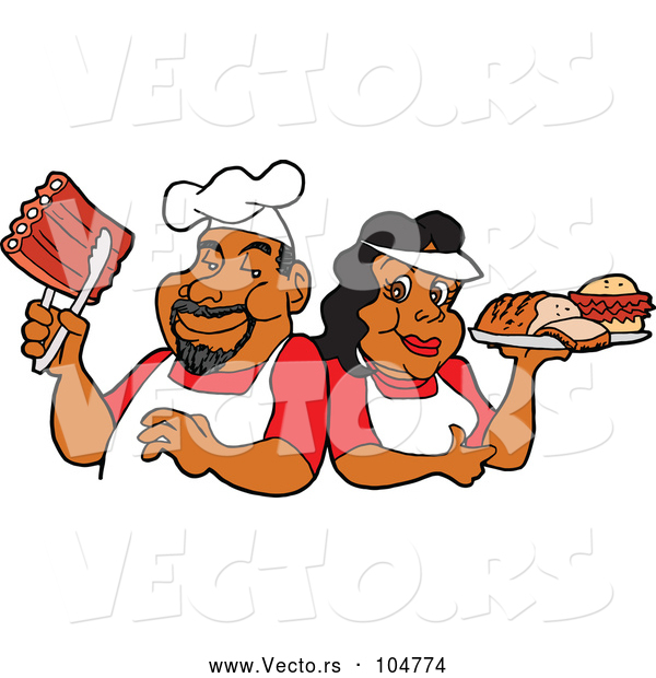 Vector of Cartoon Happy Black Chef Couple Holding Ribs and a Plate of Bbq Foods