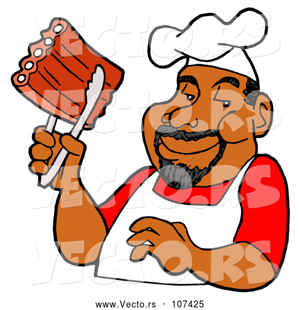 Vector of Cartoon Happy Black Male BBQ Chef Holding Ribs with Tongs