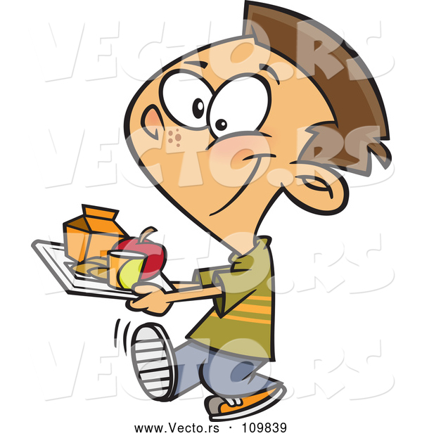 Vector of Cartoon Happy Brunette White School Boy Carrying a Cafeteria Lunch Tray