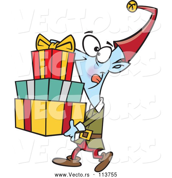 Vector of Cartoon Happy Christmas Elf Carrying a Stack of Presents