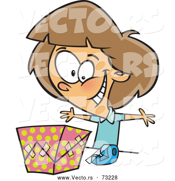 Vector of Cartoon Happy Girl Wrapping Present