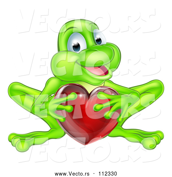 Vector of Cartoon Happy Green Frog Crouching and Holding a Glassy Red Heart