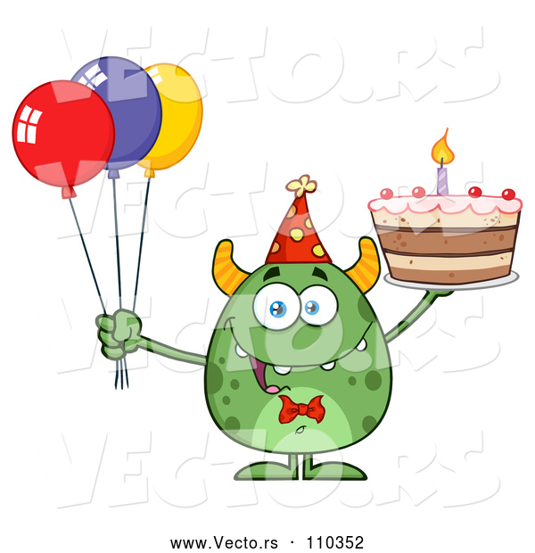 Vector of Cartoon Happy Green Horned Monster Holding a Birthday Cake and Party Balloons