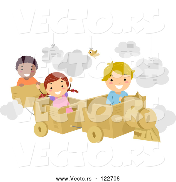 Vector of Cartoon Happy KChildren Playing with a Cardboard Train