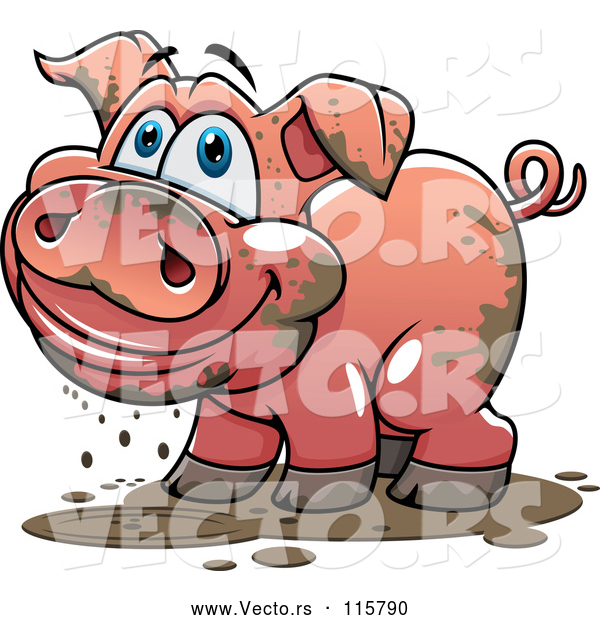 Vector of Cartoon Happy Muddy Pig