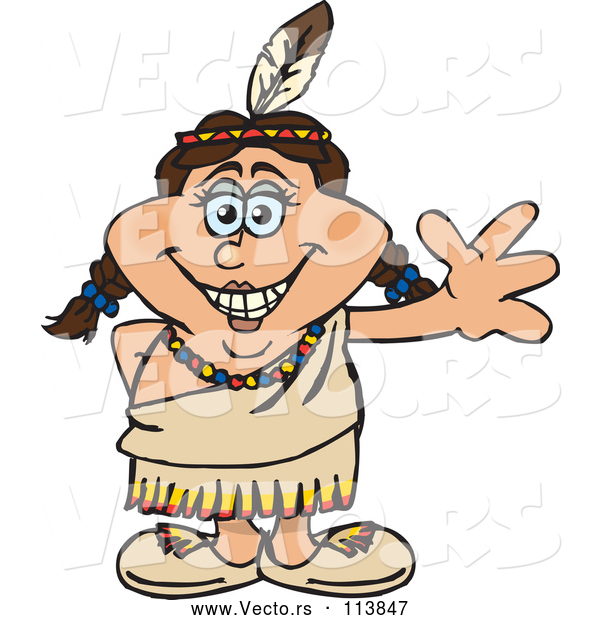 Vector of Cartoon Happy Native American Indian Lady Waving