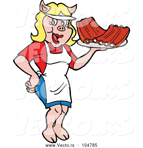 Vector of Cartoon Happy Pig Waitress Serving Bbq Ribs
