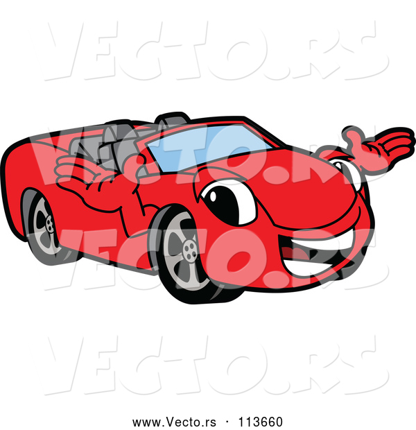 Vector of Cartoon Happy Red Convertible Car Mascot Character Welcoming