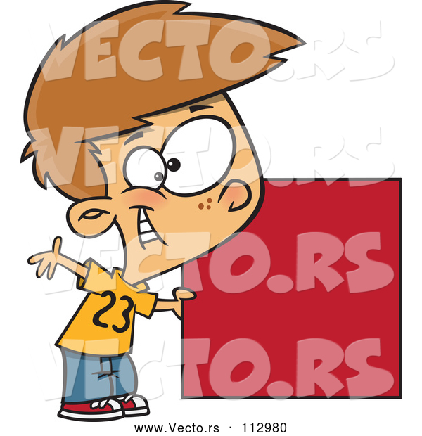 Vector of Cartoon Happy White Boy Holding a Red Square or Blank Sign