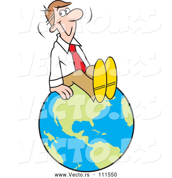 Vector of Cartoon Happy White Businessman Sitting on Top of the World