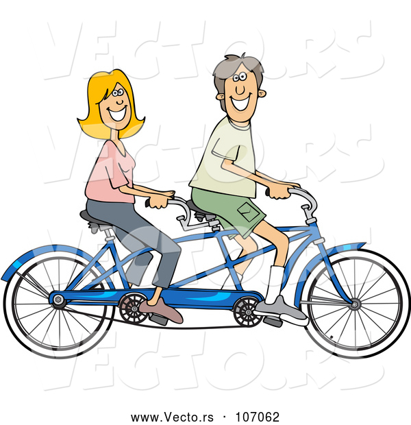 Vector of Cartoon Happy White Couple Riding a Blue Tandem Bicycle