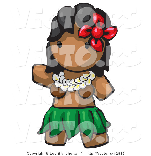 Vector of Cartoon Hawaiian Hula Girl with Red Flower and Skirt