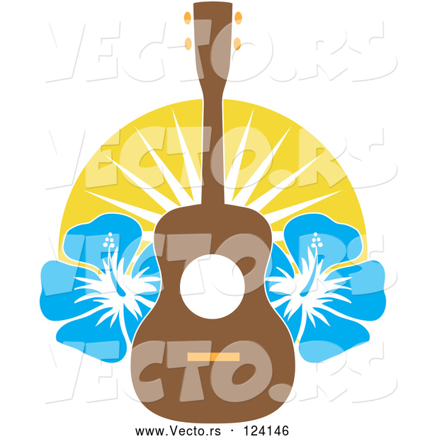 Vector of Cartoon Hawaiian Ukulele with Blue Hibiscus Flowers and Sunshine