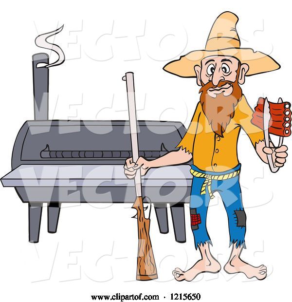 Vector of Cartoon Hillbilly Guy with a Rifle, Holding Ribs by a Bbq Smoker