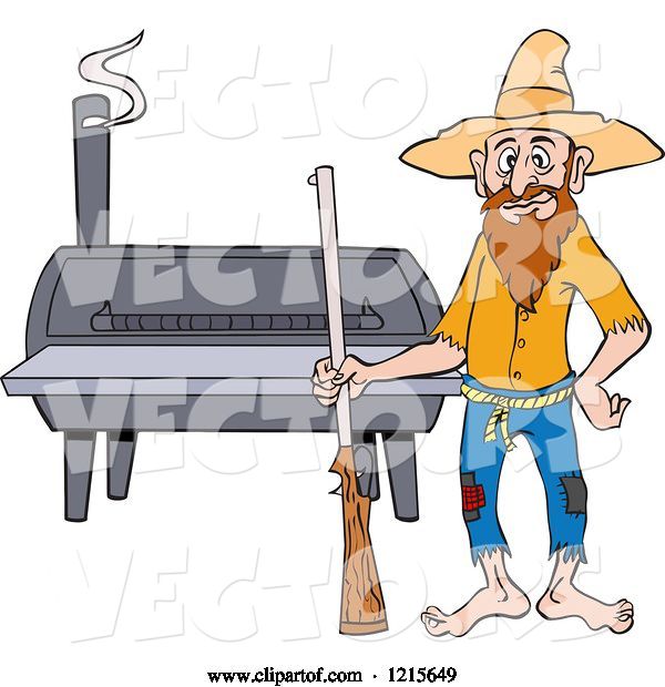 Vector of Cartoon Hillbilly Guy with a Rifle, Standing by a Bbq Smoker