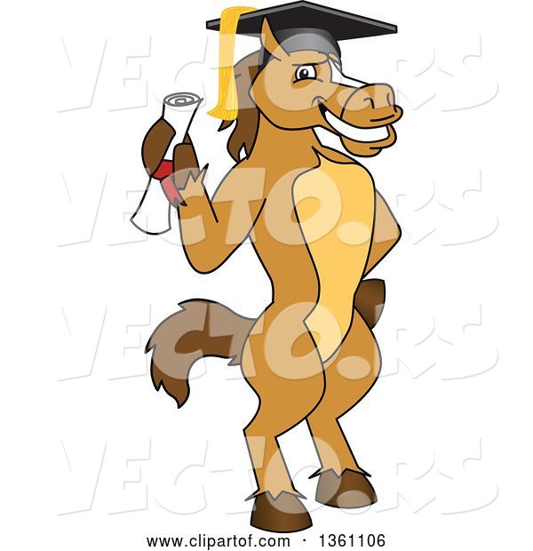 Vector of Cartoon Horse Colt Bronco Stallion or Mustang School Mascot Character Student Graduate Holding a Diploma