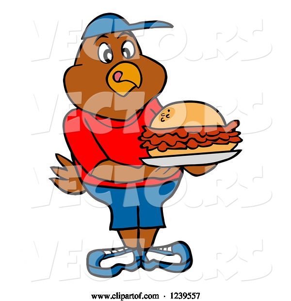 Vector of Cartoon Hungry Boy Chicken Holding a Pulled Pork Sandwich