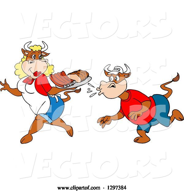 Vector of Cartoon Hungry Male Cow Kissing up to a Female Chef Cow Carrying Bbq Ribs and Brisket