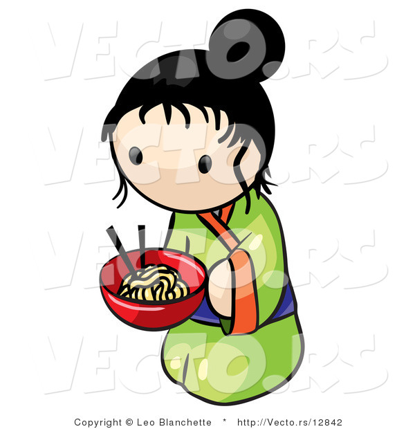 Vector of Cartoon Japanese Girl with Bowl of Saimin Noodles