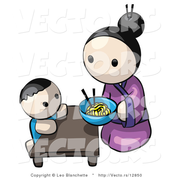 Vector of Cartoon Japanese Mother Feeding Child Saimin Noodles